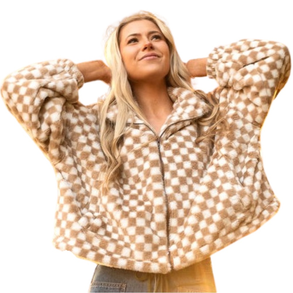 Tan and White Fuzzy Checkered Zip Up